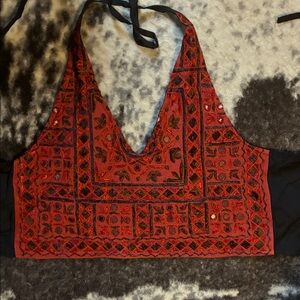 Embroidered Halter Top - Red and Black
